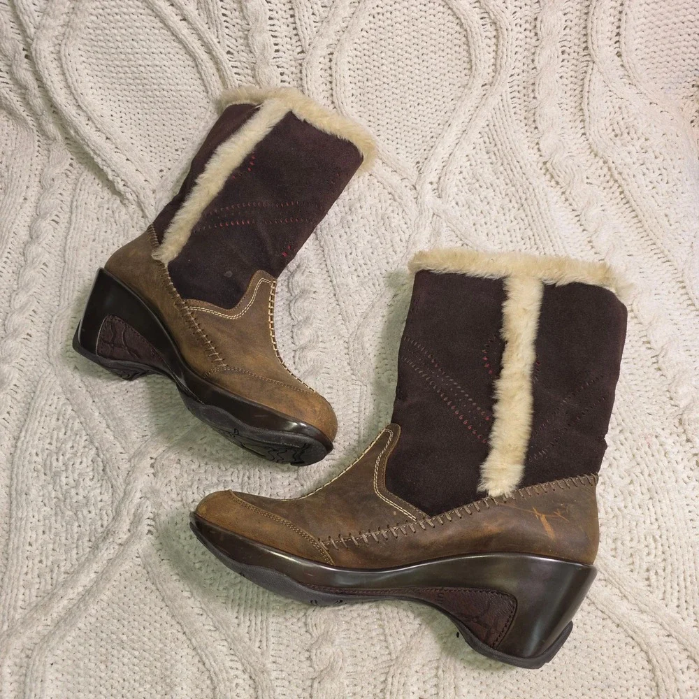 J-41‎ Naples Mid Calf Boots Winter Brown Suede Leather Faux Fur Lining Women 8M